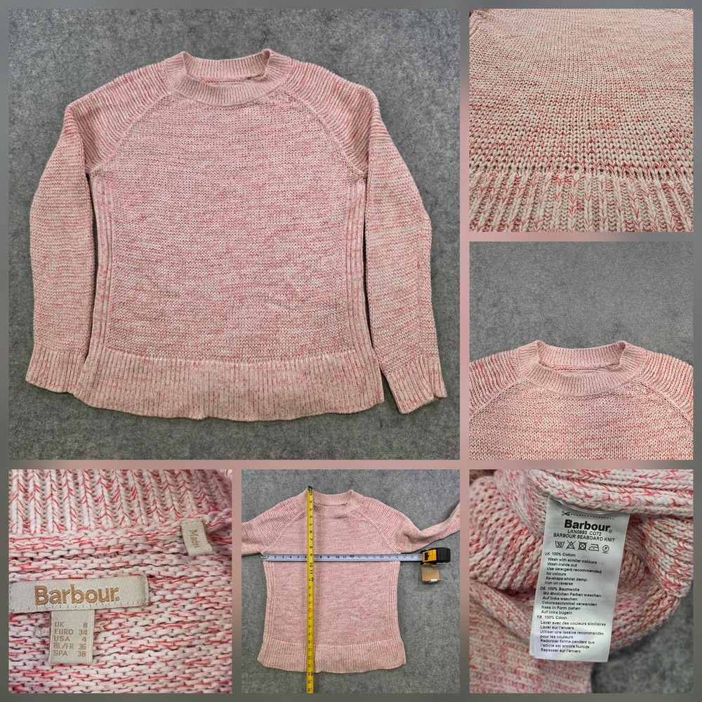 Barbour Seaboard Knit Sweater Womens 4 Pink 100% Cotton Raglan Crewneck Pullover